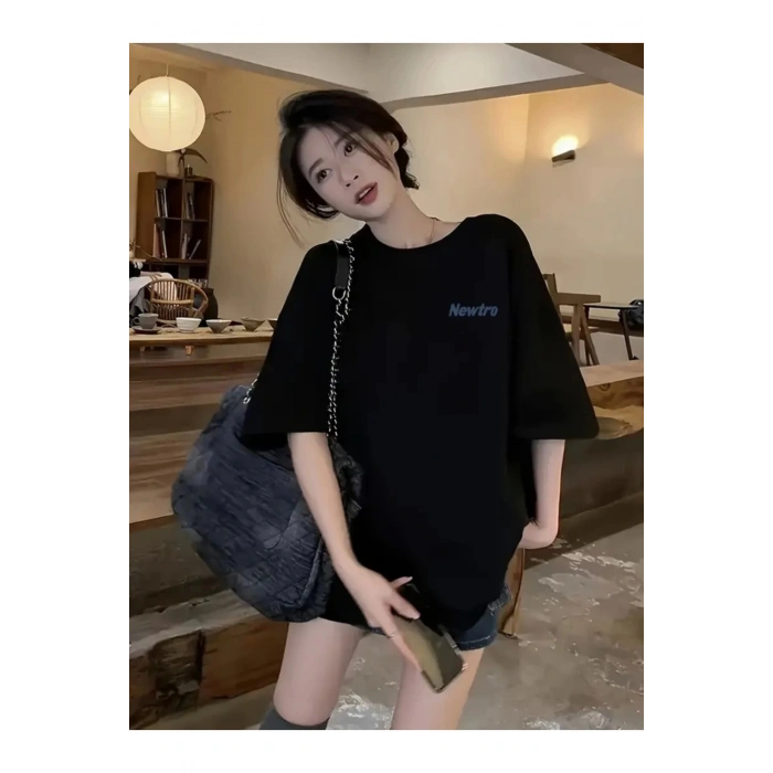 Baskılı Oversize Bisiklet Yaka T-shirt - Siyah