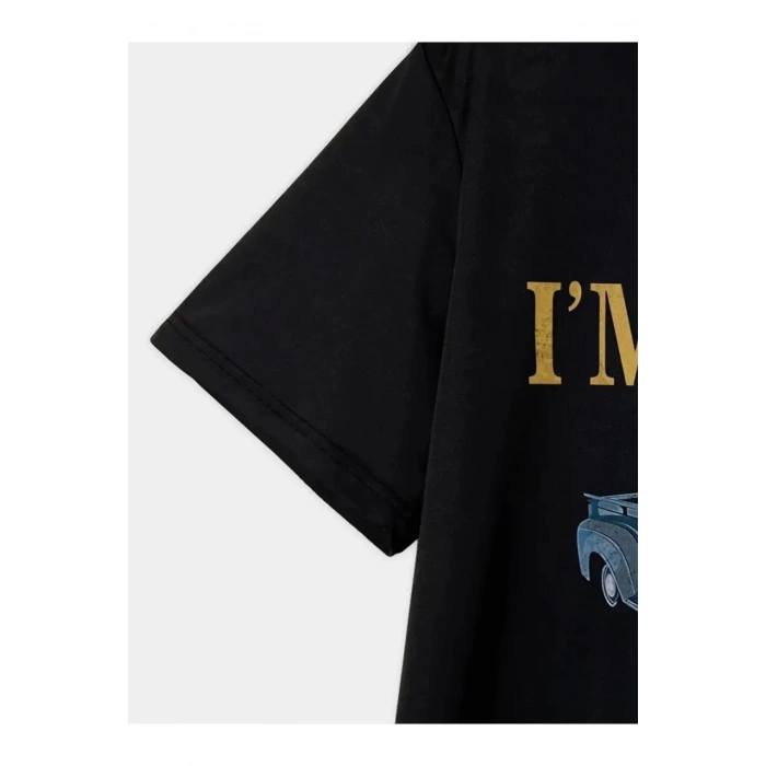 Baskılı Oversize Bisiklet Yaka T-shirt - Siyah