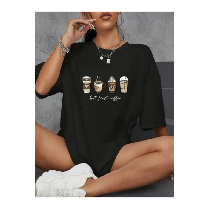 mrpurple Baskılı Oversize Bisiklet Yaka T-shirt - Siyah