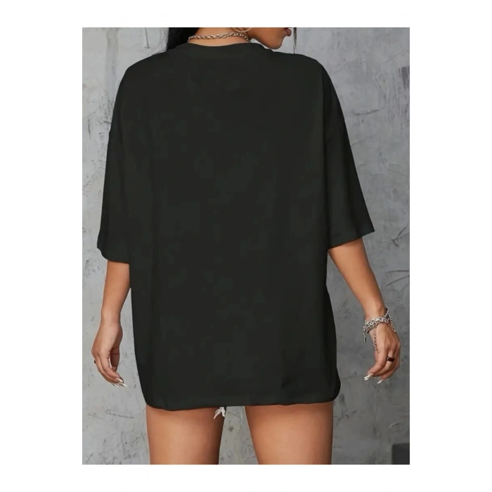 mrpurple Baskılı Oversize Bisiklet Yaka T-shirt - Siyah