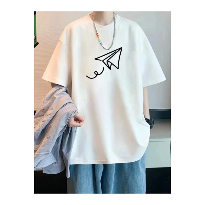 Baskılı Oversize Bisiklet Yaka T-shirt - Beyaz
