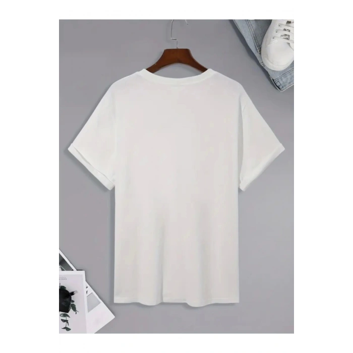 Baskılı Oversize Bisiklet Yaka T-shirt - Beyaz