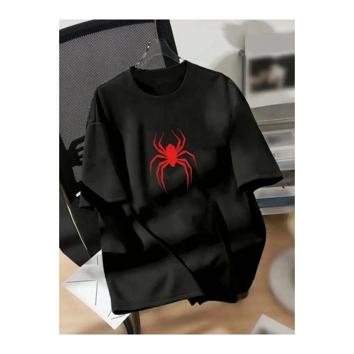 Leyaa Baskılı Oversize Bisiklet Yaka T-shirt - Siyah