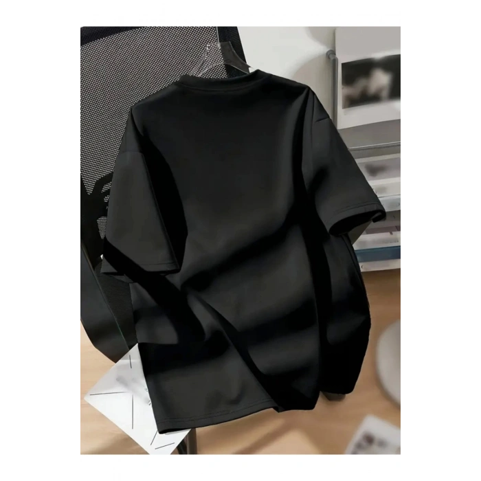 Leyaa Baskılı Oversize Bisiklet Yaka T-shirt - Siyah