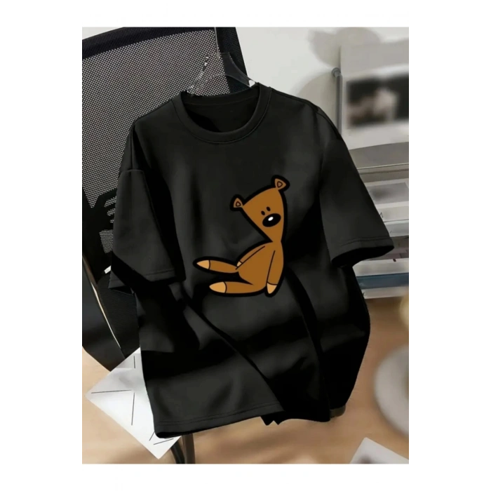 Baskılı Oversize Bisiklet Yaka T-shirt - Siyah