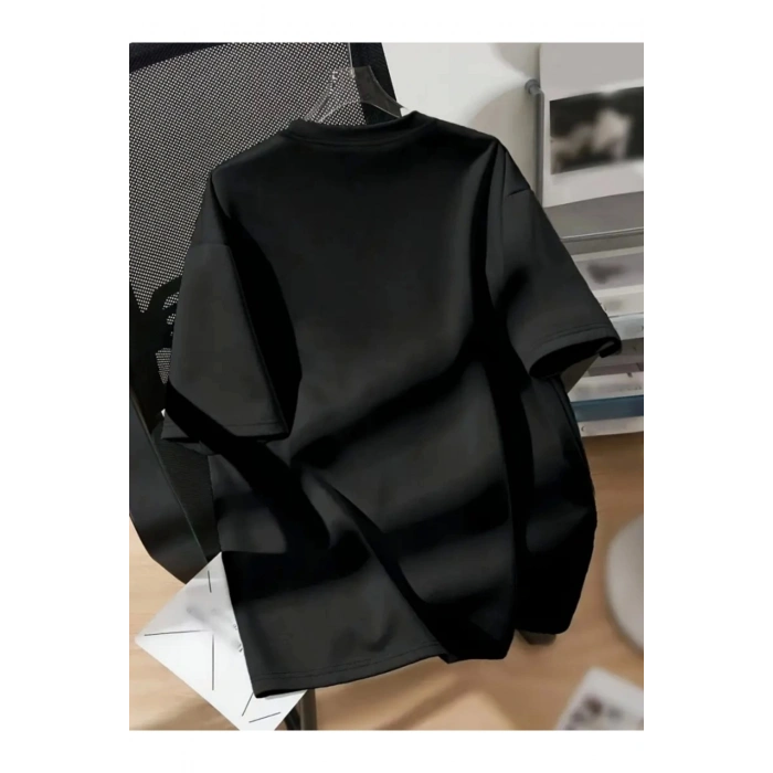 Baskılı Oversize Bisiklet Yaka T-shirt - Siyah