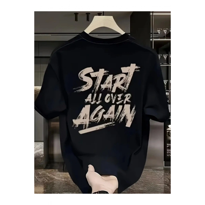 Baskılı Oversize Bisiklet Yaka T-shirt - Siyah