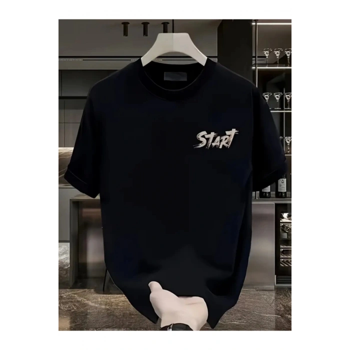 Baskılı Oversize Bisiklet Yaka T-shirt - Siyah