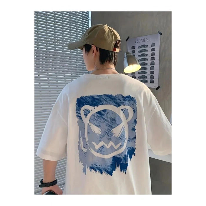 Mottisfashion Baskılı Oversize Bisiklet Yaka T-shirt - Beyaz