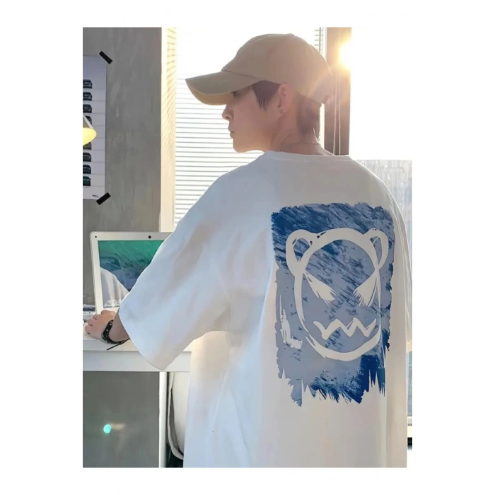 Mottisfashion Baskılı Oversize Bisiklet Yaka T-shirt - Beyaz