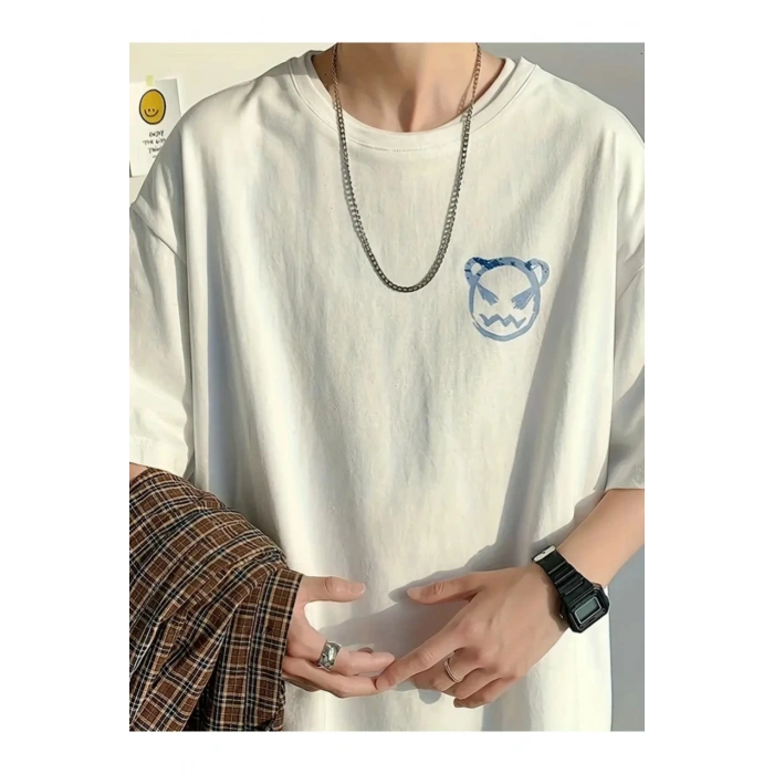 Mottisfashion Baskılı Oversize Bisiklet Yaka T-shirt - Beyaz