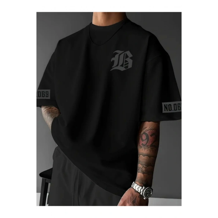 Mottisfashion Baskılı Oversize Bisiklet Yaka T-shirt - Siyah