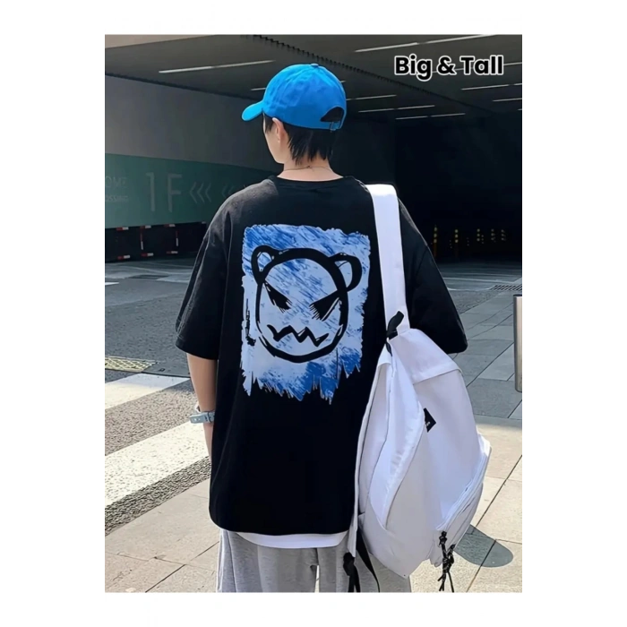 Baskılı Oversize Bisiklet Yaka T-shirt - Siyah