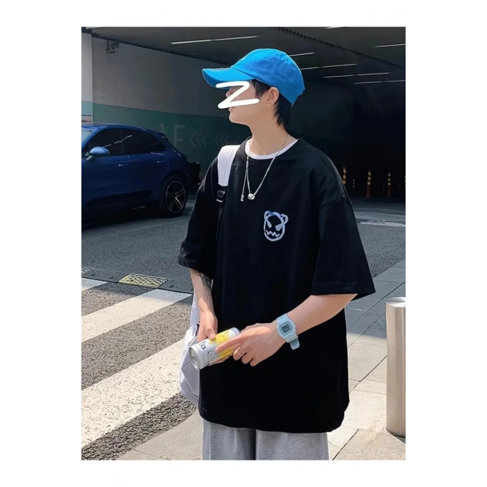 Baskılı Oversize Bisiklet Yaka T-shirt - Siyah