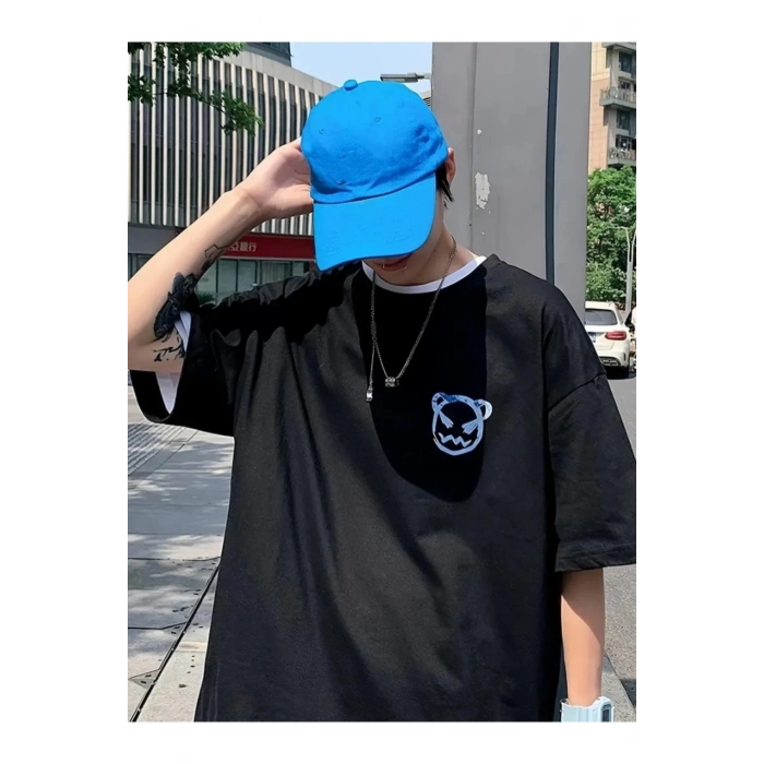 Baskılı Oversize Bisiklet Yaka T-shirt - Siyah
