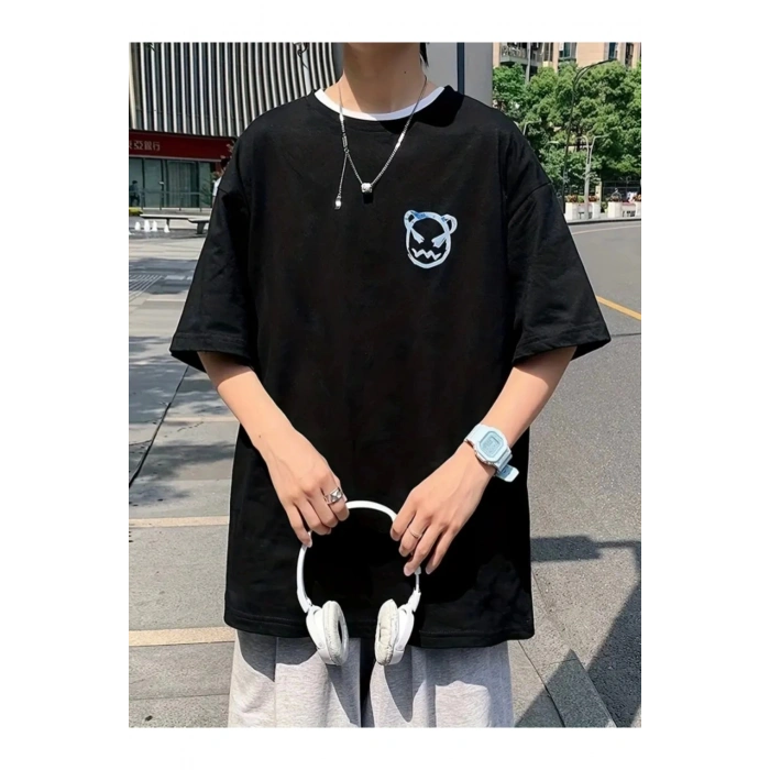 Baskılı Oversize Bisiklet Yaka T-shirt - Siyah