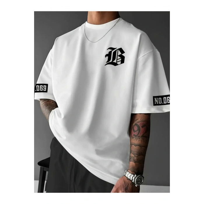 Baskılı Oversize Bisiklet Yaka T-shirt - Beyaz