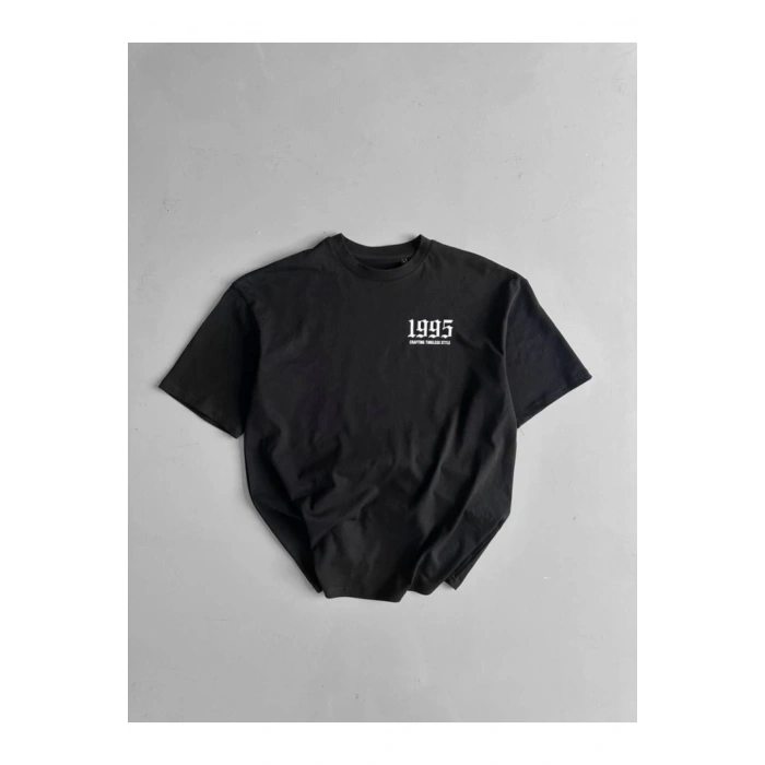 AhEs Shopping Baskılı Oversize Bisiklet Yaka T-shirt - Siyah