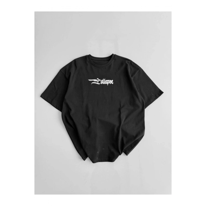 Baskılı Oversize Bisiklet Yaka T-shirt - Siyah