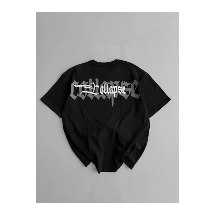 Baskılı Oversize Bisiklet Yaka T-shirt - Siyah