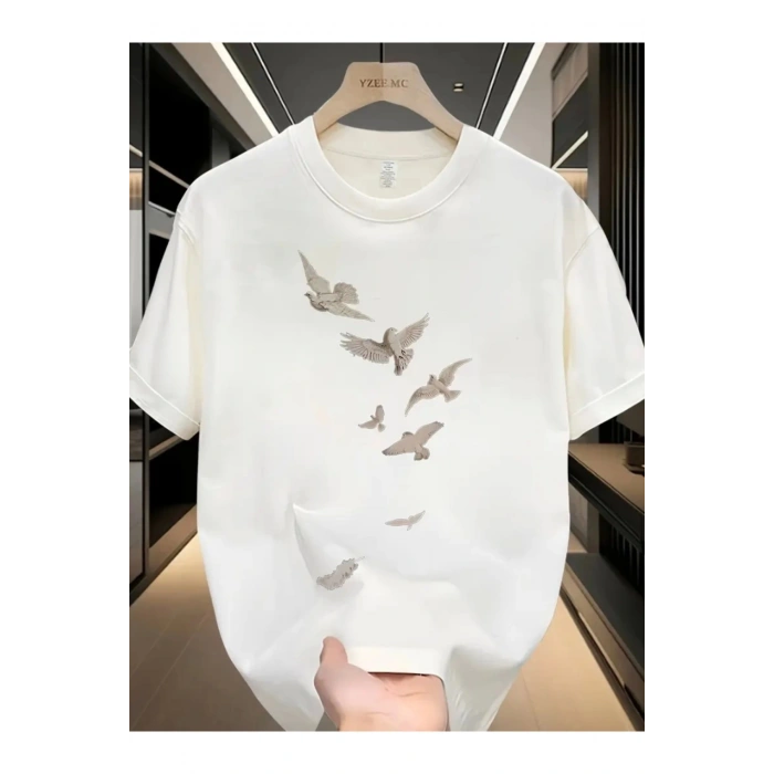 Baskılı Oversize Bisiklet Yaka T-shirt - Beyaz
