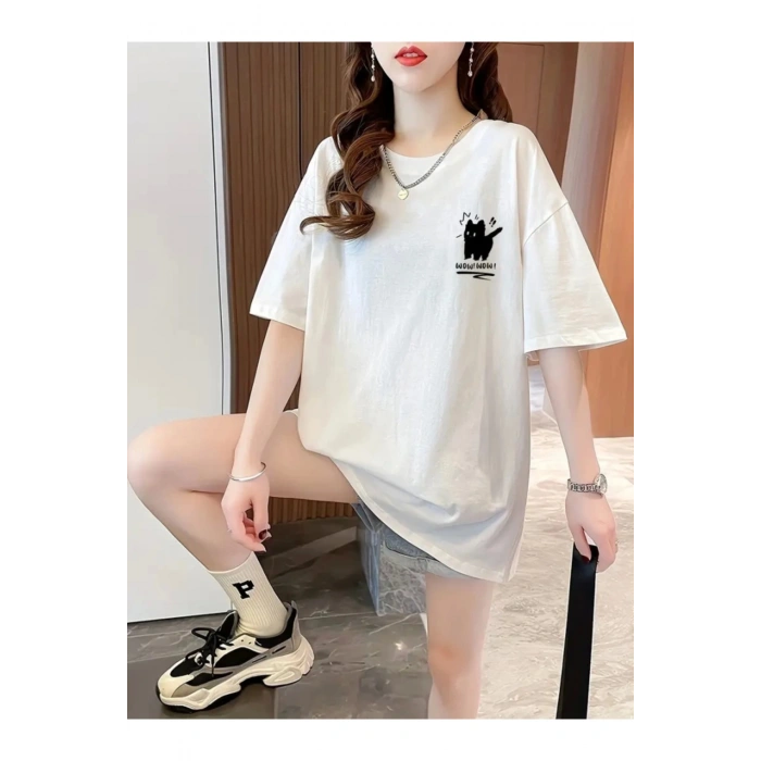 Leyaa Baskılı Oversize Bisiklet Yaka T-shirt - Beyaz