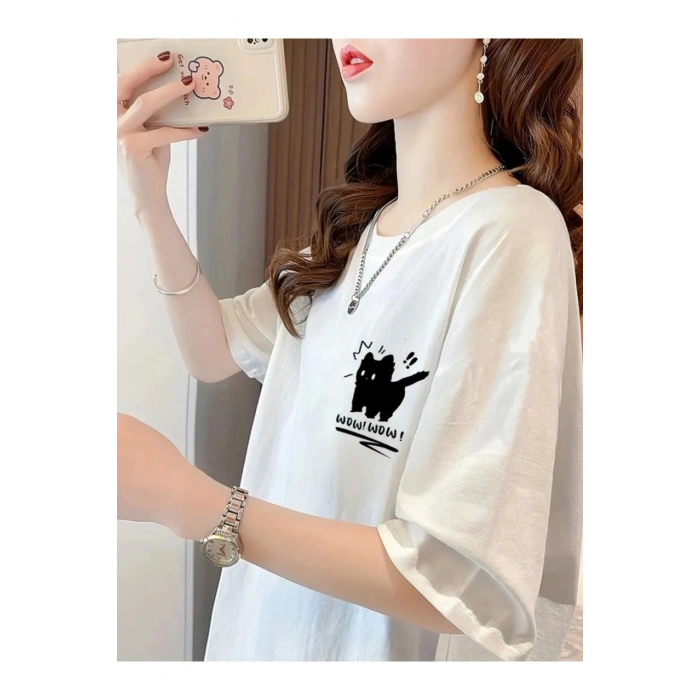 Leyaa Baskılı Oversize Bisiklet Yaka T-shirt - Beyaz