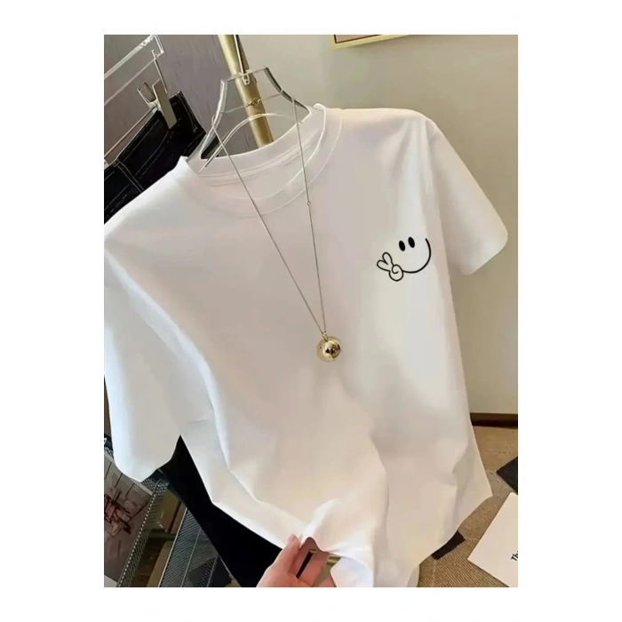 Mra Fashion Baskılı Oversize Bisiklet Yaka T-shirt - Beyaz