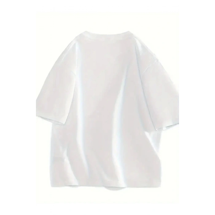Mra Fashion Baskılı Oversize Bisiklet Yaka T-shirt - Beyaz