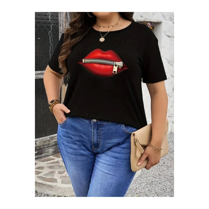 Aesco Baskılı Oversize Bisiklet Yaka T-shirt - Siyah