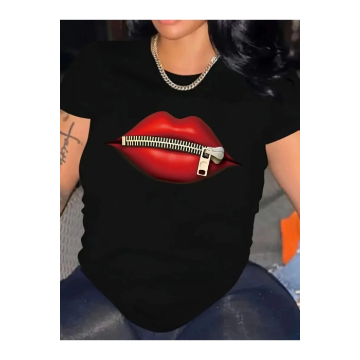 Aesco Baskılı Oversize Bisiklet Yaka T-shirt - Siyah