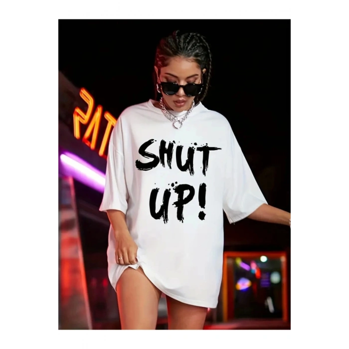 Baskılı Oversize Bisiklet Yaka T-shirt - Beyaz