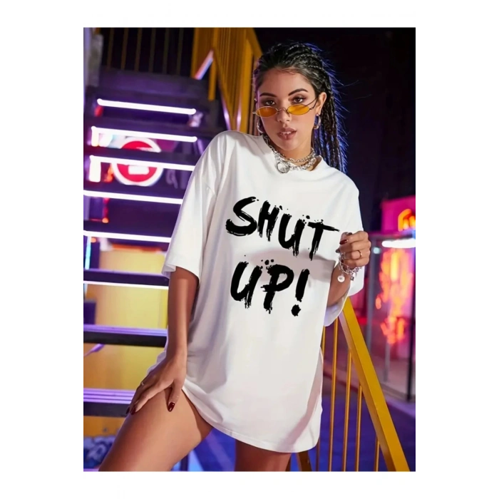 Baskılı Oversize Bisiklet Yaka T-shirt - Beyaz