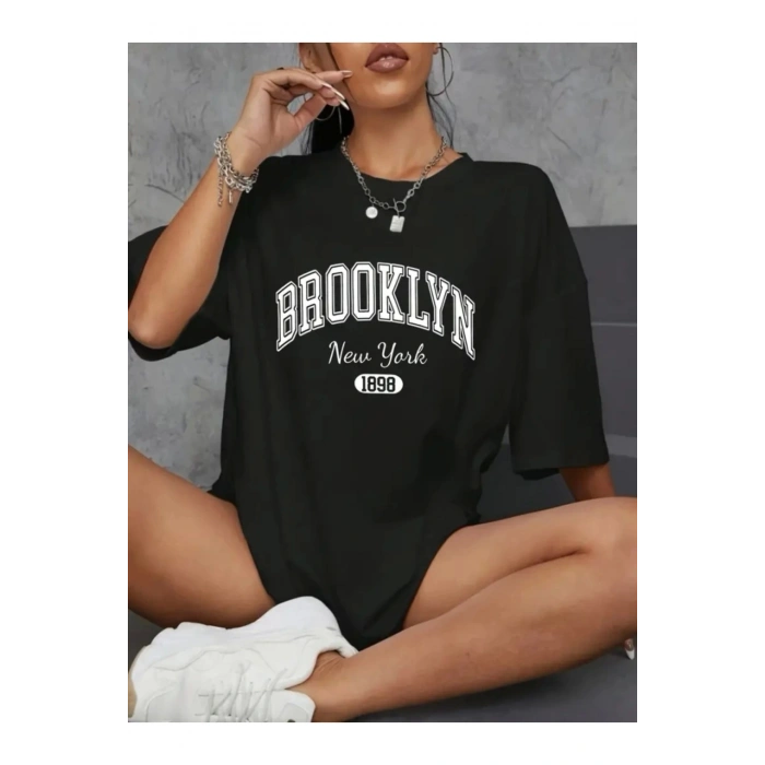 Baskılı Oversize Bisiklet Yaka T-shirt - Siyah