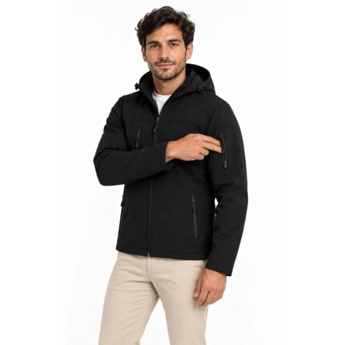 Erkek Su Geçirmez Softshell İçi Polar Astarlı Çıkarılabilir Kapüşonlu 4 Cepli Mont Ceket - Siyah