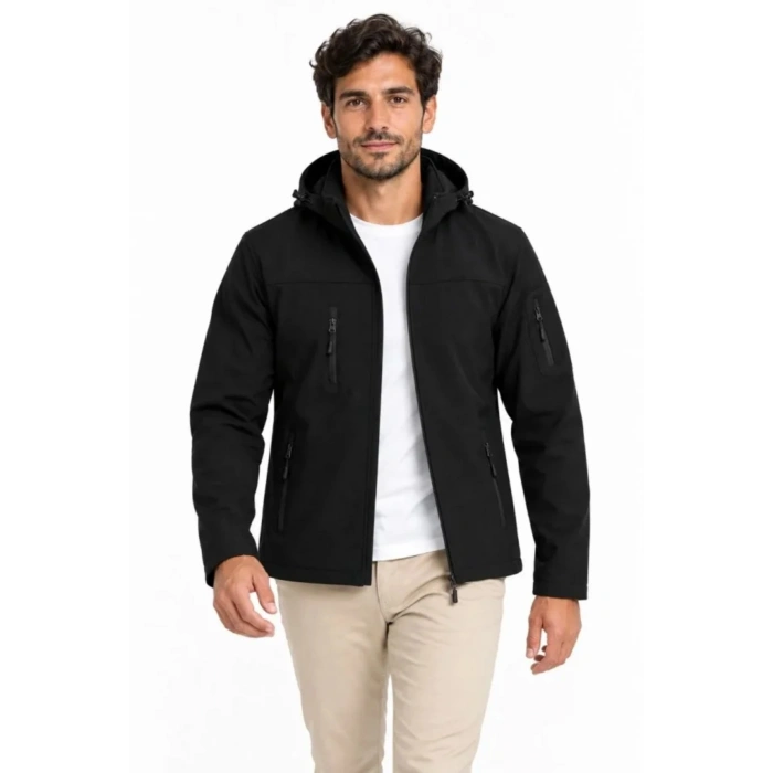 Erkek Su Geçirmez Softshell İçi Polar Astarlı Çıkarılabilir Kapüşonlu 4 Cepli Mont Ceket - Siyah