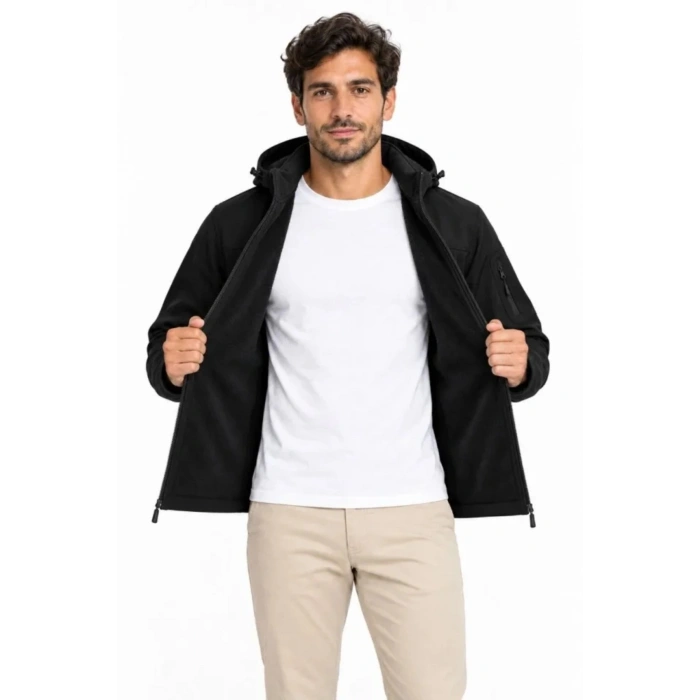 Erkek Su Geçirmez Softshell İçi Polar Astarlı Çıkarılabilir Kapüşonlu 4 Cepli Mont Ceket - Siyah