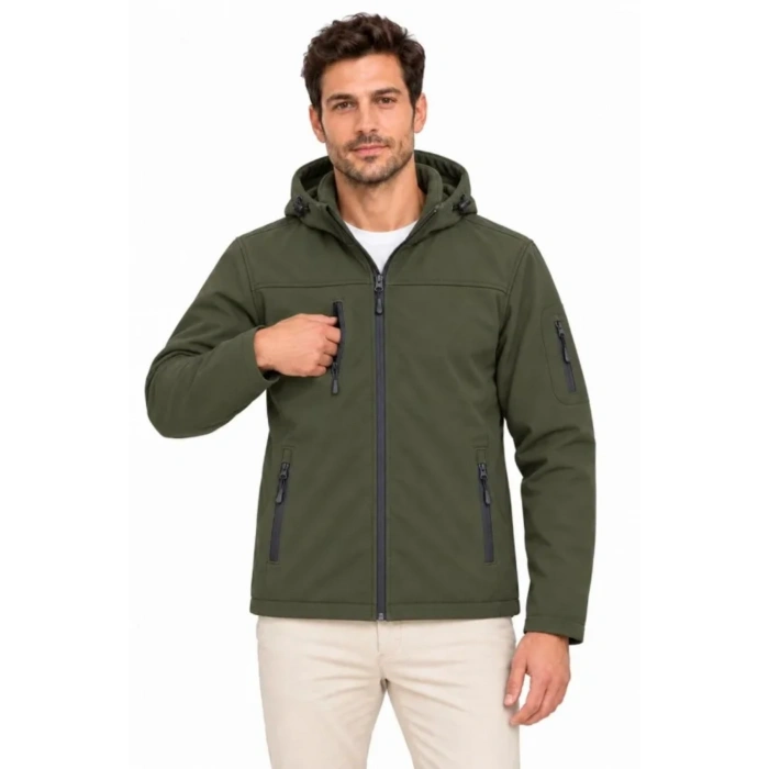 Erkek Su Geçirmez Softshell İçi Polar Astarlı Çıkarılabilir Kapüşonlu 4 Cepli Mont Ceket - Haki