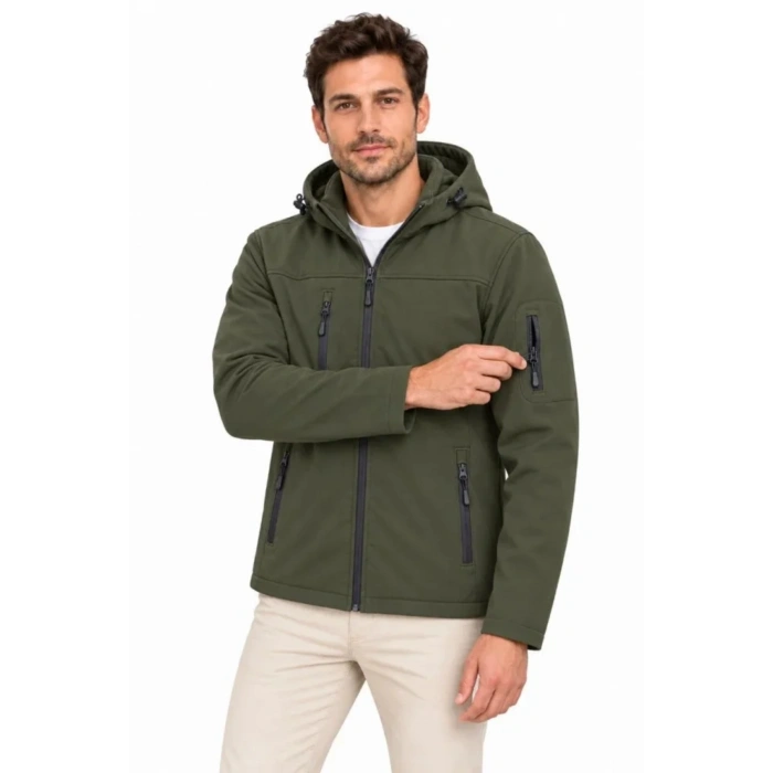 Erkek Su Geçirmez Softshell İçi Polar Astarlı Çıkarılabilir Kapüşonlu 4 Cepli Mont Ceket - Haki