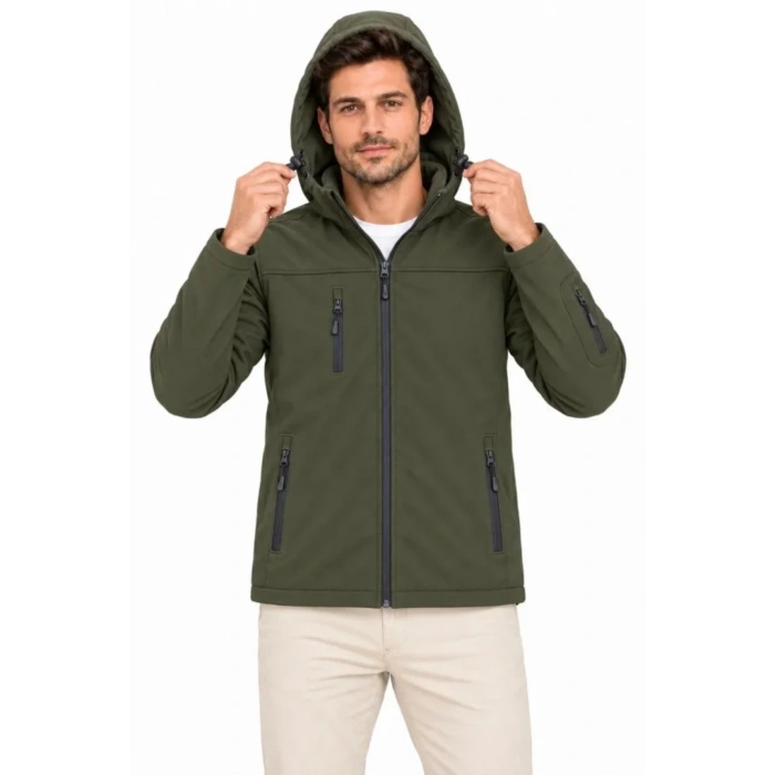 Erkek Su Geçirmez Softshell İçi Polar Astarlı Çıkarılabilir Kapüşonlu 4 Cepli Mont Ceket - Haki