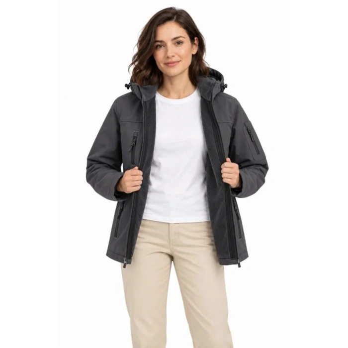 Su Geçirmez Softshell İçi Polar Astarlı Çıkarılabilir Kapüşonlu 4 Cepli Mont Ceket - Füme