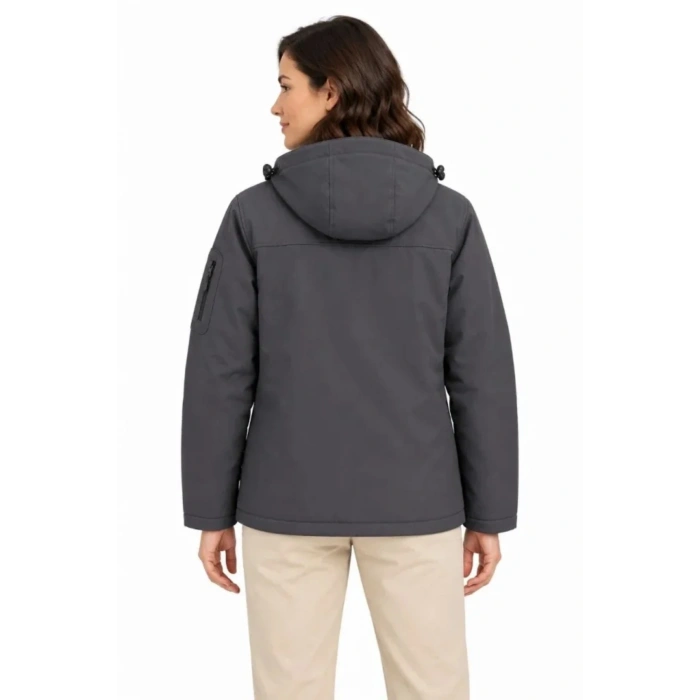 Su Geçirmez Softshell İçi Polar Astarlı Çıkarılabilir Kapüşonlu 4 Cepli Mont Ceket - Füme