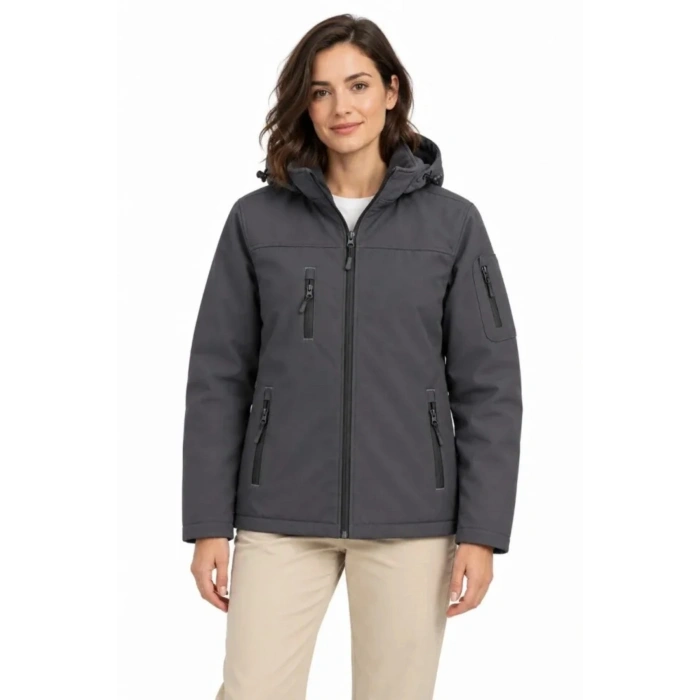 Su Geçirmez Softshell İçi Polar Astarlı Çıkarılabilir Kapüşonlu 4 Cepli Mont Ceket - Füme