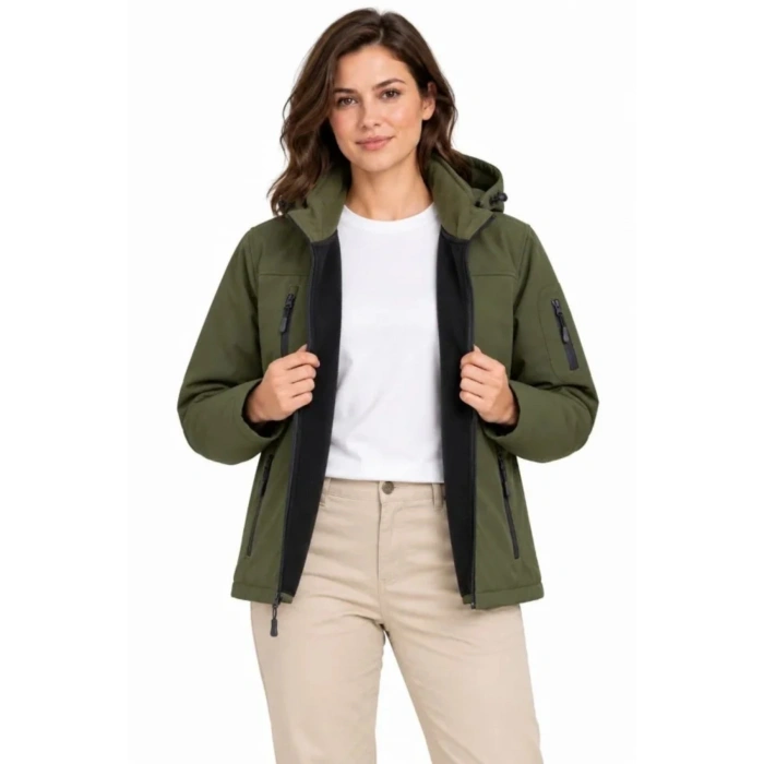 Su Geçirmez Softshell İçi Polar Astarlı Çıkarılabilir Kapüşonlu 4 Cepli Mont Ceket - Haki