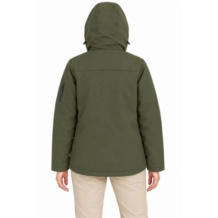 Su Geçirmez Softshell İçi Polar Astarlı Çıkarılabilir Kapüşonlu 4 Cepli Mont Ceket - Haki