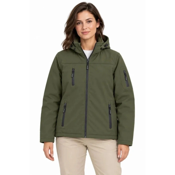Su Geçirmez Softshell İçi Polar Astarlı Çıkarılabilir Kapüşonlu 4 Cepli Mont Ceket - Haki