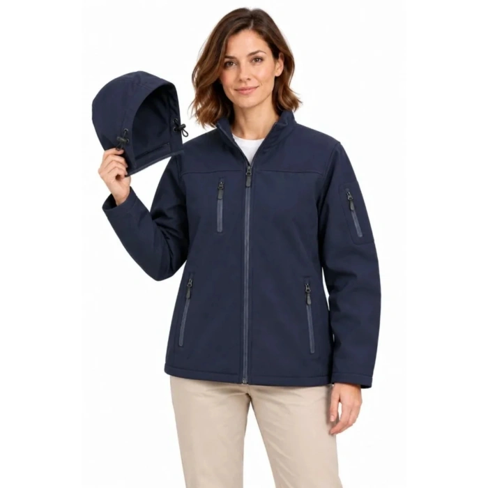 Su Geçirmez Softshell İçi Polar Astarlı Çıkarılabilir Kapüşonlu 4 Cepli Mont Ceket - Lacivert