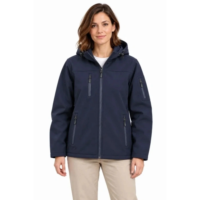 Su Geçirmez Softshell İçi Polar Astarlı Çıkarılabilir Kapüşonlu 4 Cepli Mont Ceket - Lacivert
