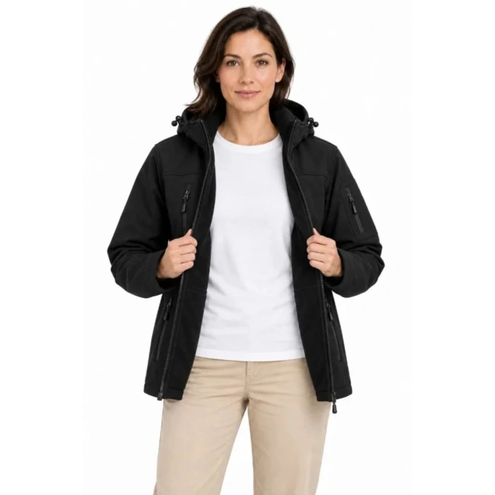 Su Geçirmez Softshell İçi Polar Astarlı Çıkarılabilir Kapüşonlu 4 Cepli Mont Ceket - Siyah