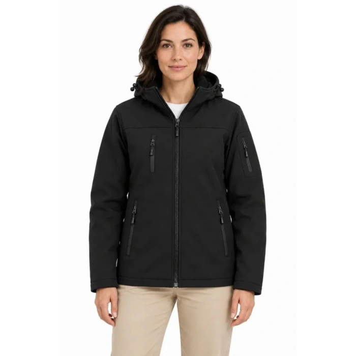 Su Geçirmez Softshell İçi Polar Astarlı Çıkarılabilir Kapüşonlu 4 Cepli Mont Ceket - Siyah
